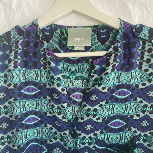 Anthropologie Maeve Multicolor Ikat Shirt Dress V-Neck Roll Tab Sleeves Size XS - Picture 9 of 16